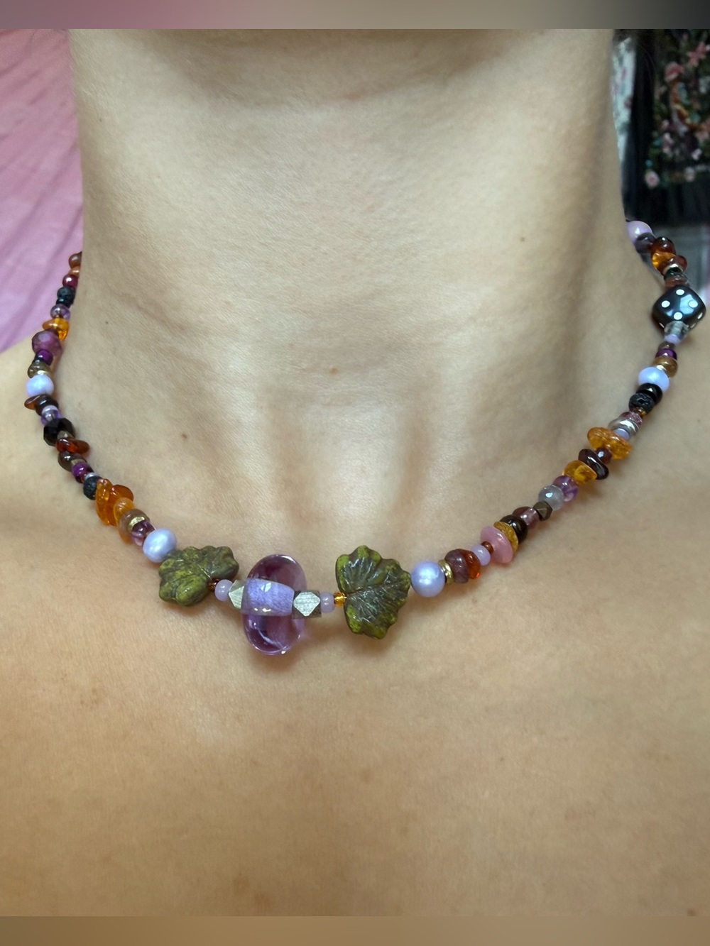 handbeaded necklace with amber and garnet